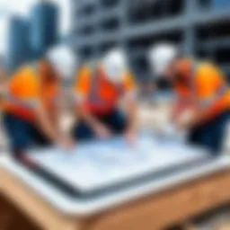 Construction project team using clock-in app on mobile device