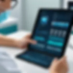 A sleek dental software interface on a tablet showing patient records.