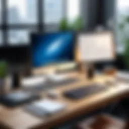 An artist's workspace featuring Mac and drawing tools