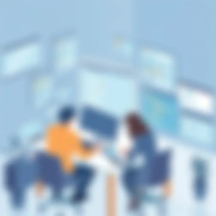 Collaboration in Recruitment with Software Tools Illustration showing recruitment team collaborating with software tools