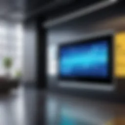 Dynamic digital signage screen displaying engaging content in a corporate setting