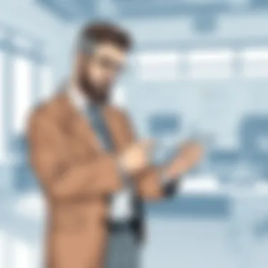 Mobile Management in Action Confident manager using a mobile device in a modern office setting