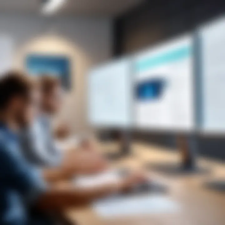 An academic setting with individuals reviewing documents